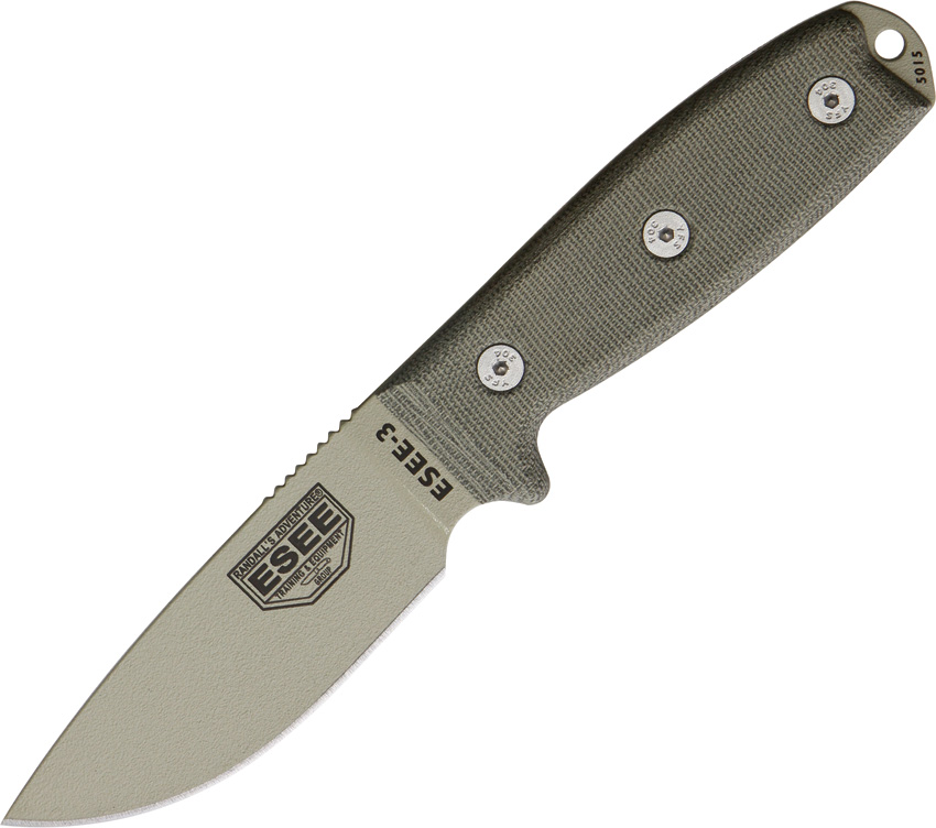 Esee Model 3 Standard Edge with sheath, green Micarta handles