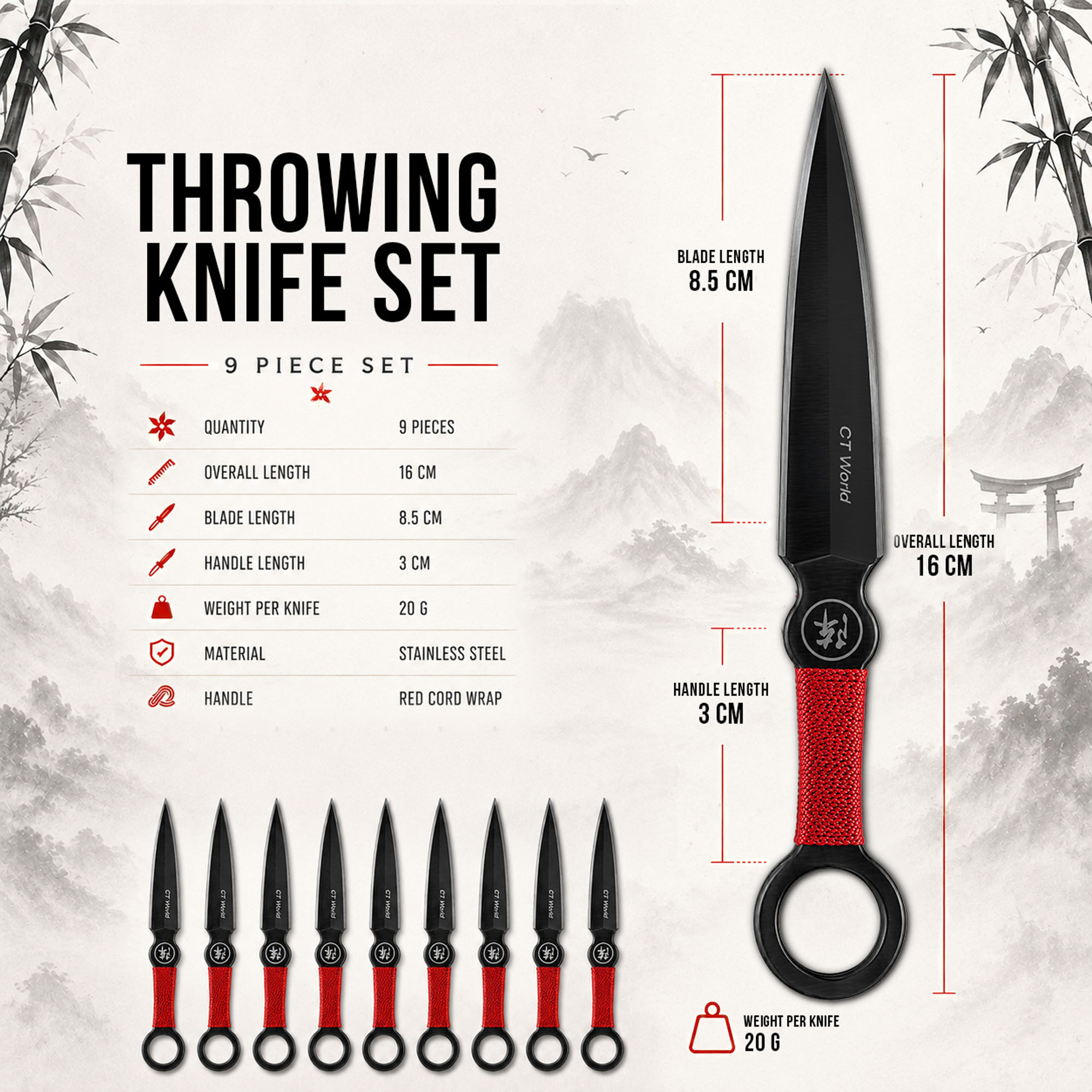 Throwing Knife Set with Wooden Target – 9 Piece Set
