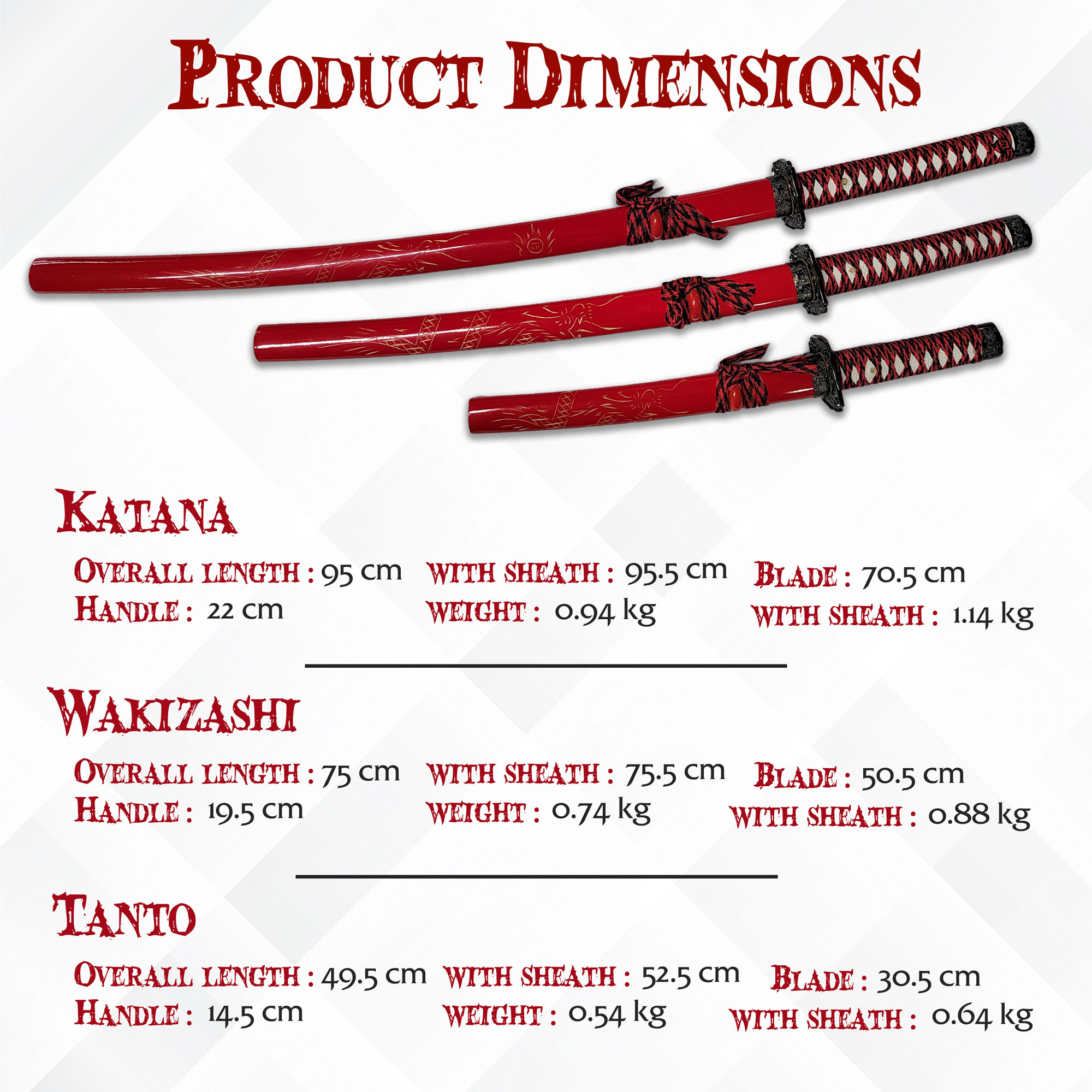 Handorged Samurai Sword Set of 3 with Stand and Care Kit - Red (Katana, Wakizashi and Tanto) 