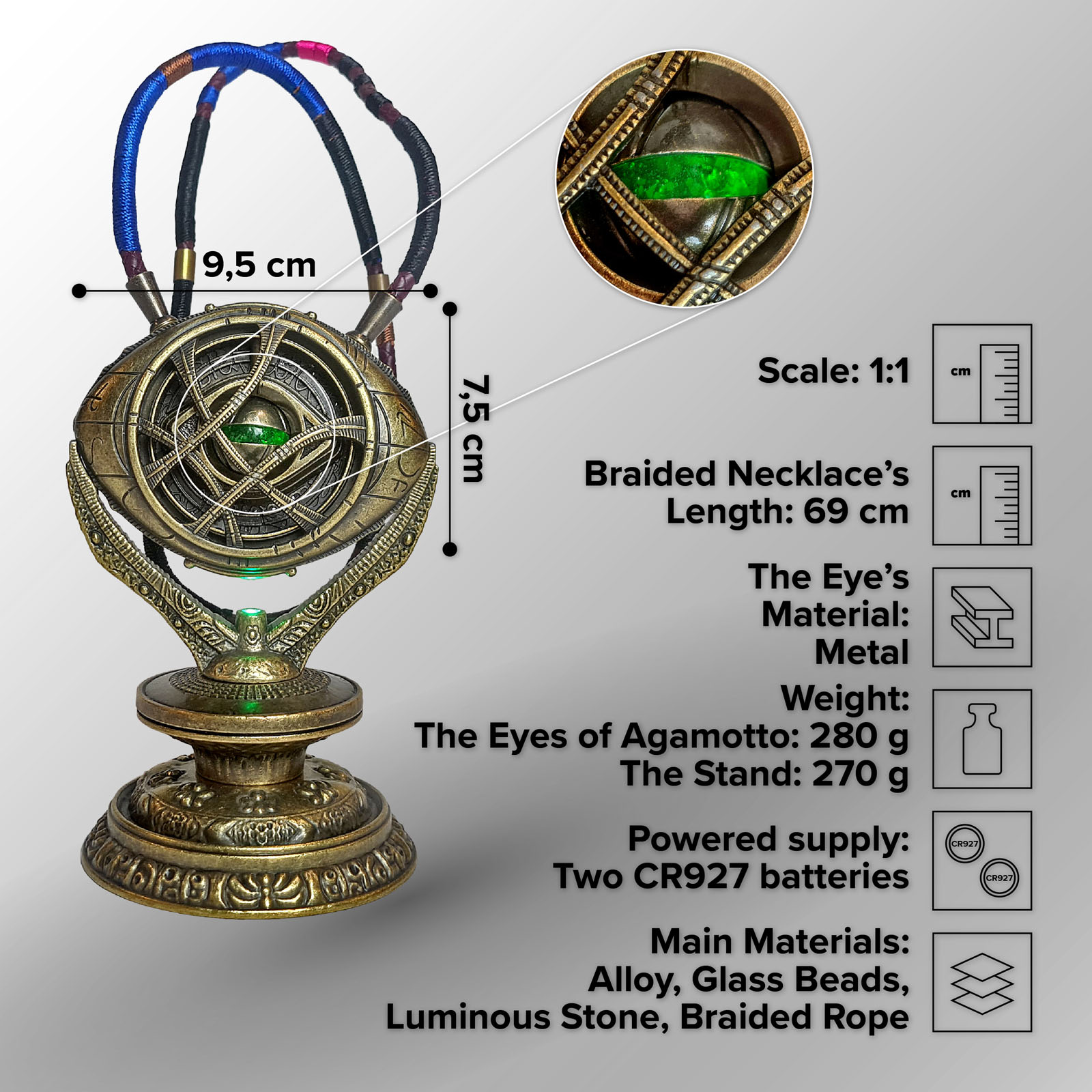 Dr Strange Eye Of Agamotto Necklace Metal LED Light-up