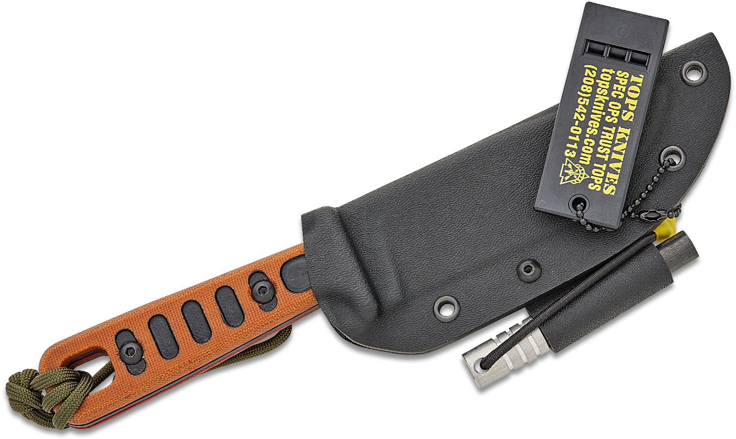 Lite Trekker, 1095er Klinge, Griffe aus hellbraunem Canvas-Micarta mit schwarzen Einlagen