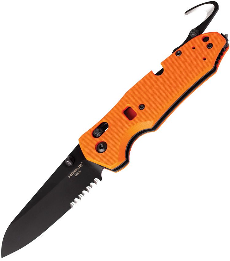 Trauma First Response Tool, Bohler N680 Black Cerakote Sheepsfoot Combo Blade, Orange G10 Handle