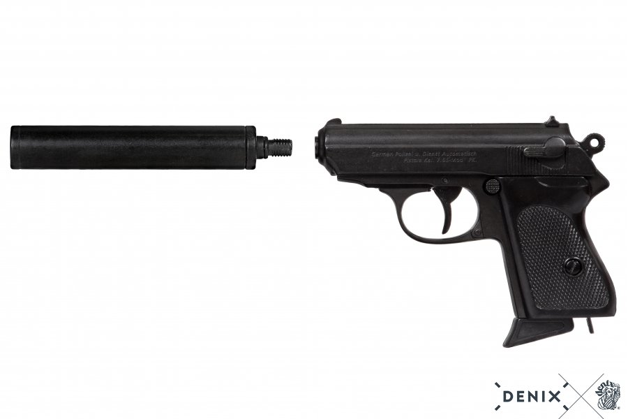 Pistole Englischer Geheimagent, mit Schalldämpfer, aus Metall, zerlegbar