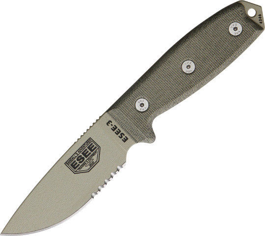 Esee Model 3 Part Serrated, OD Carbon blade, OD Micarta handle