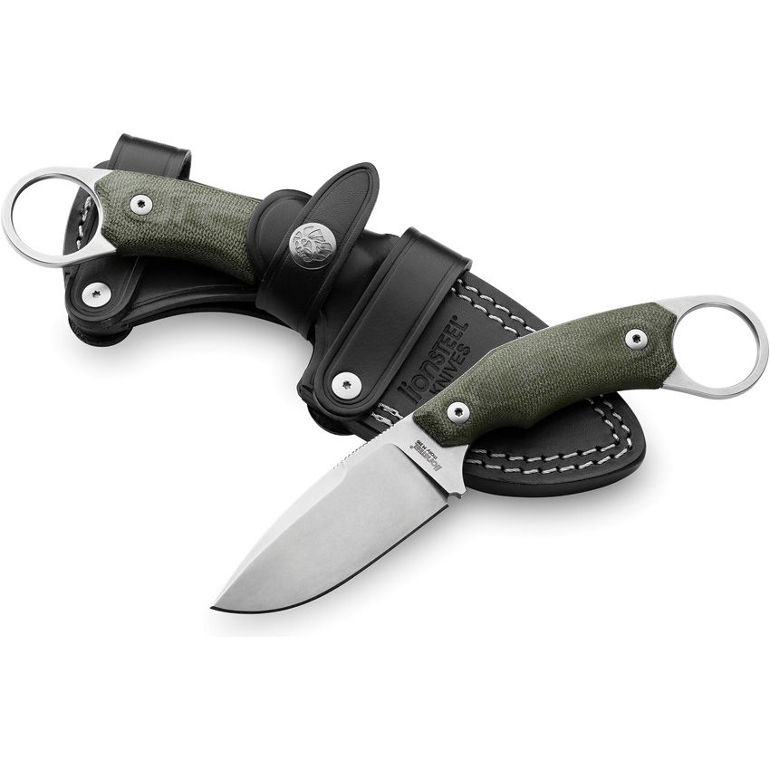 H2, M390 Stonewashed Drop Point Blade, Green Canvas Micarta Handle, Black Leather Sheath