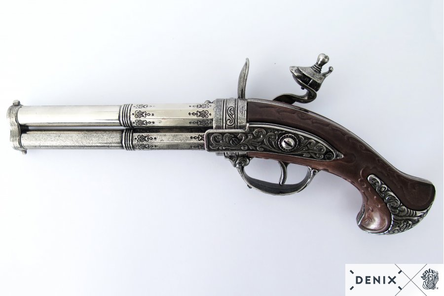 Double barrel flintlock pistol 18th century Metal, plastic