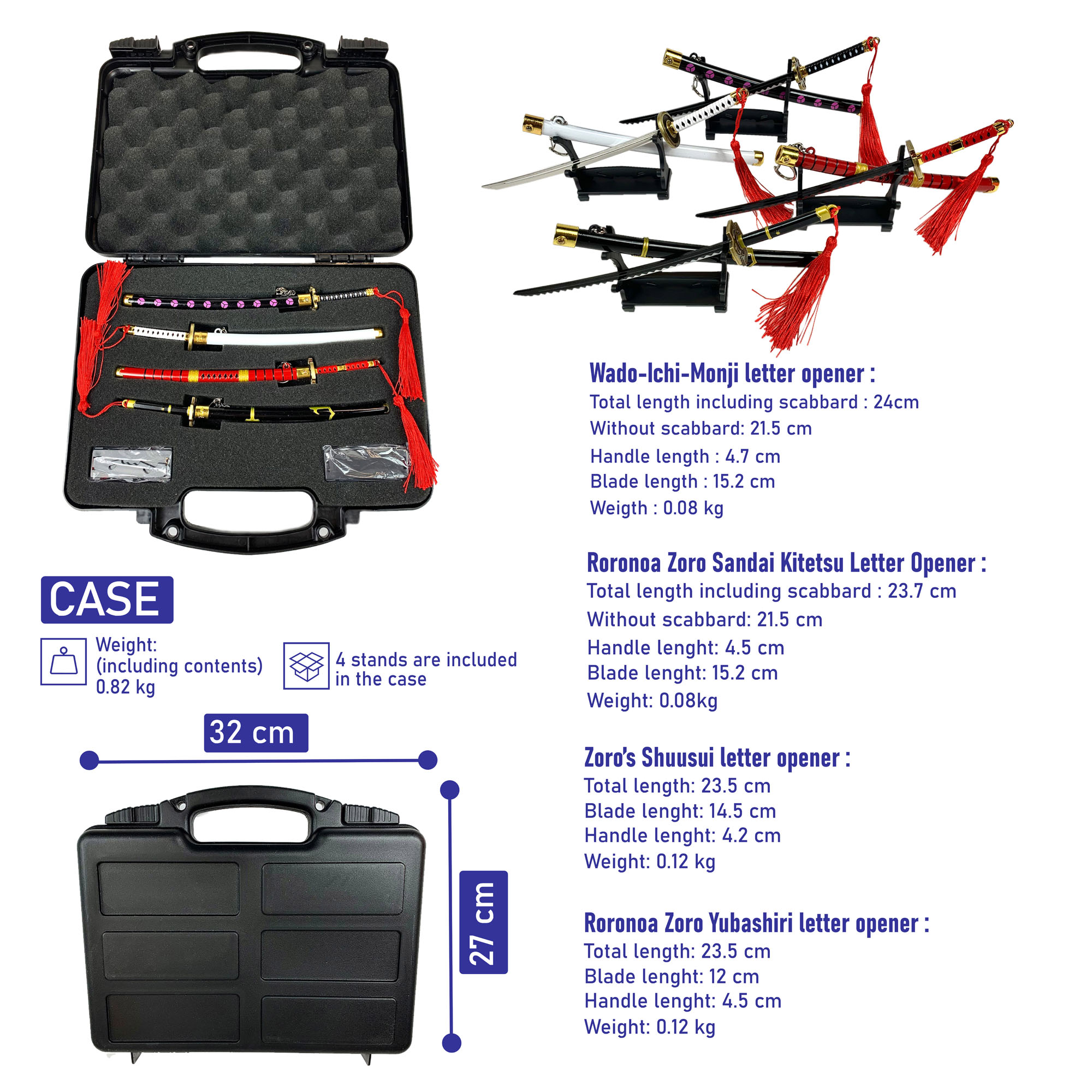One-Piece-Schwert– Roronoa Zorro Set aus 4 Katanas, Samuraikatana-Brieföffner mit Scheide & Ständer