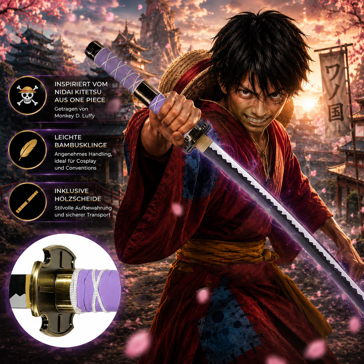 One Piece - Nidai Kitetsu Katana with Sheath (Wooden Version)