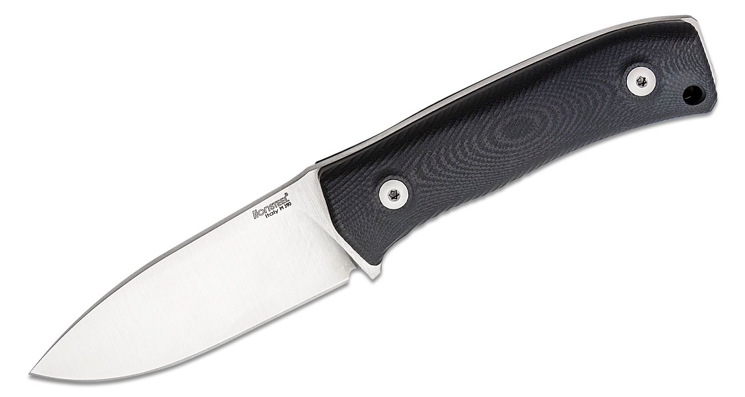 M4 G10 Bushcrafting Fixed 3.74" Satin M390 Plain Blade, Black G10 Handles, Leather Sheath