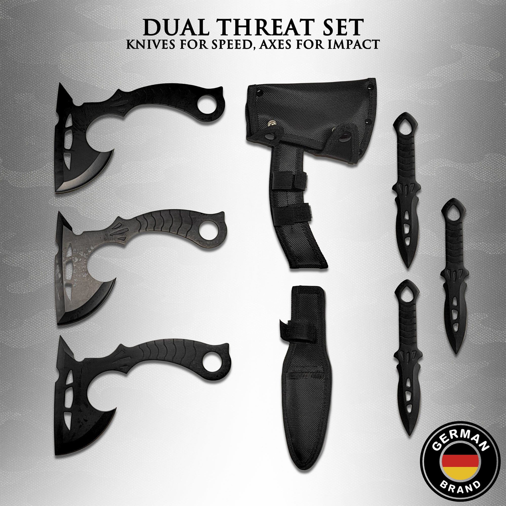 3 throwing knives + 3 throwing axes – throwing set with nylon pouch