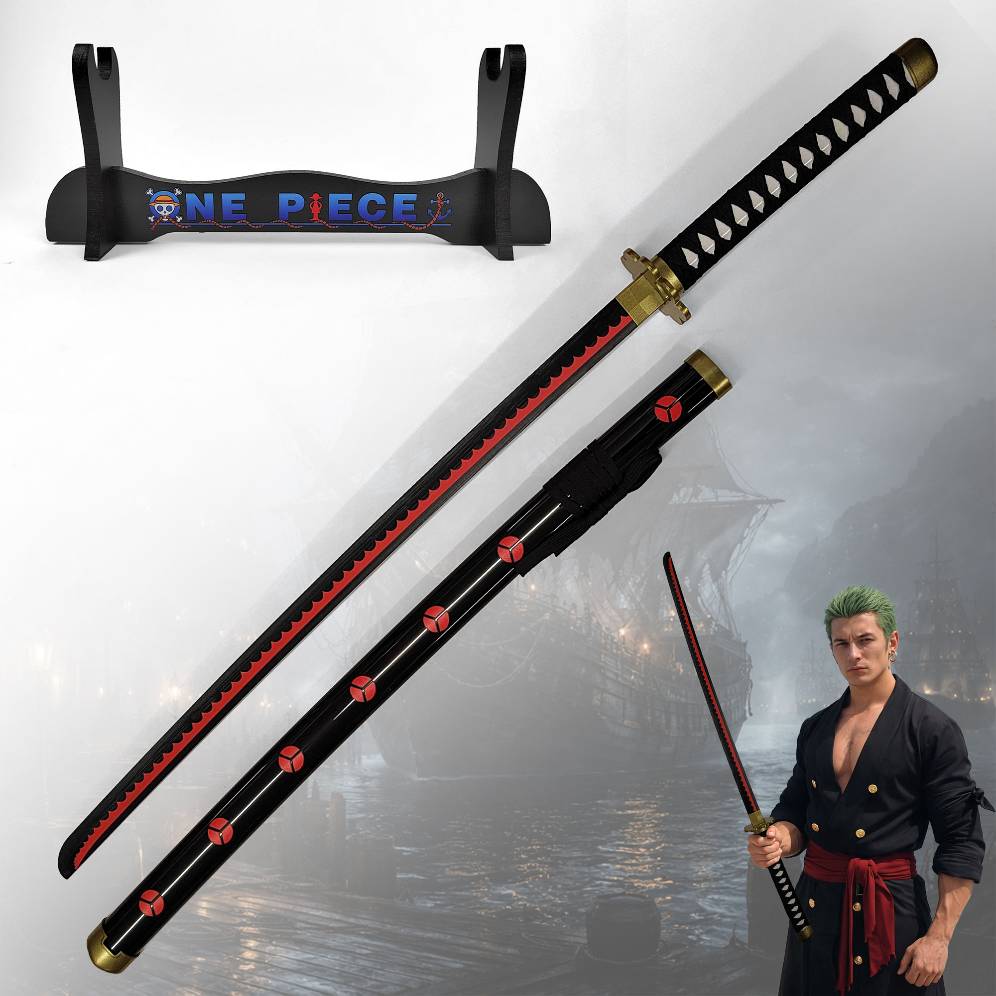 One Piece - Zoro's Shuusui Katana aus Holz mit Scheide und Ständer