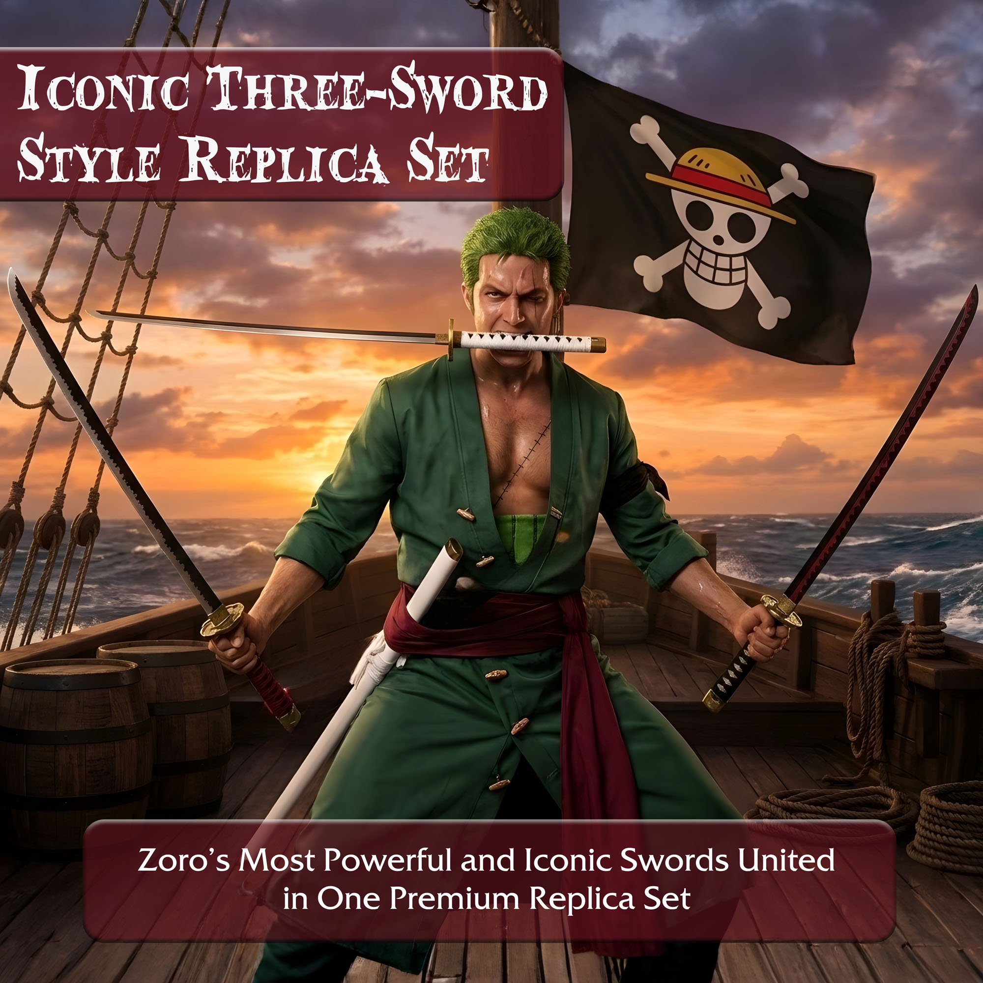 One Piece Schwerter Set mit Ständer – Wado Ichimonji, Sandai Kitetsu & Shuusui