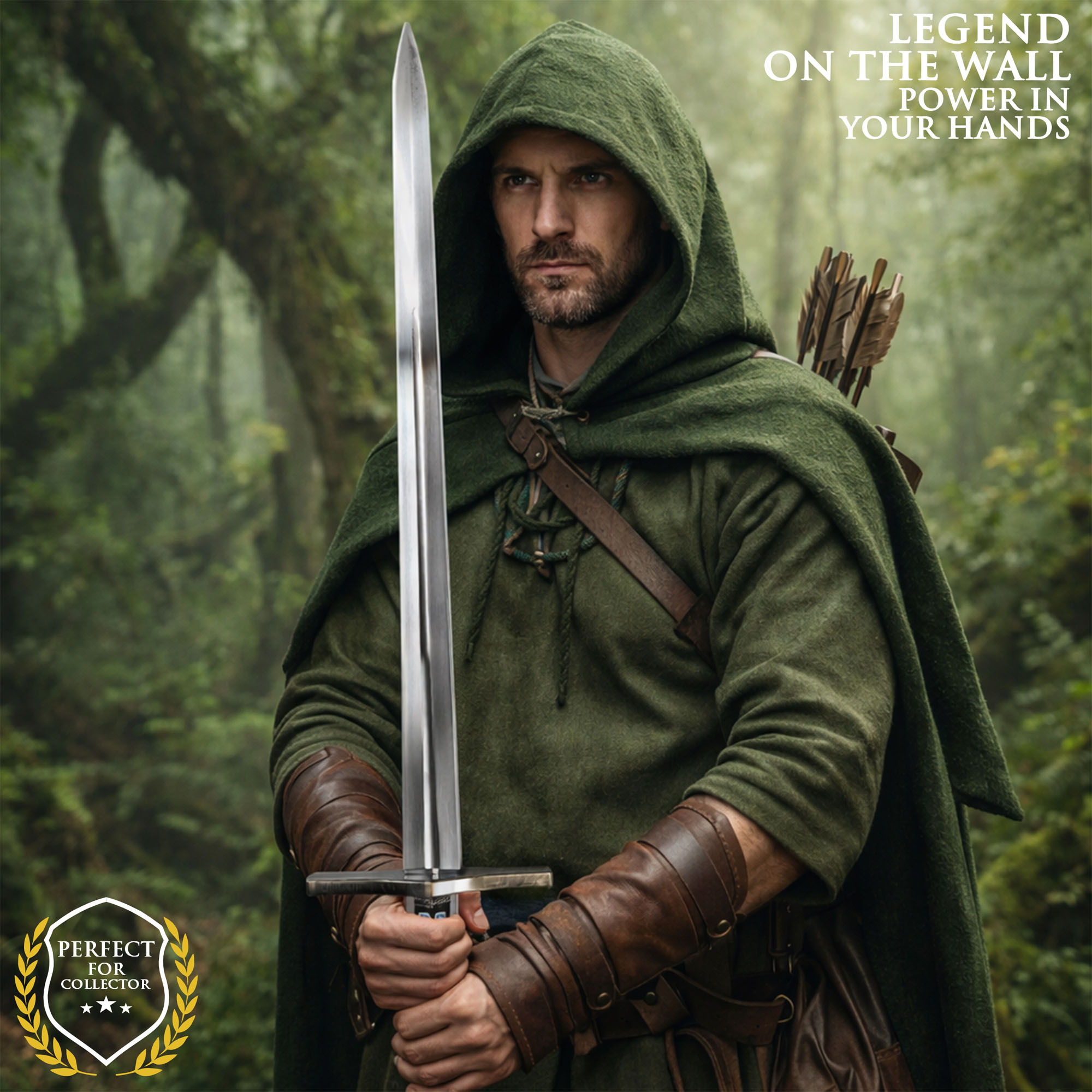 Robin Hood Movie Sword – 45" Steel Replica with Wooden Handle & Wall Stand