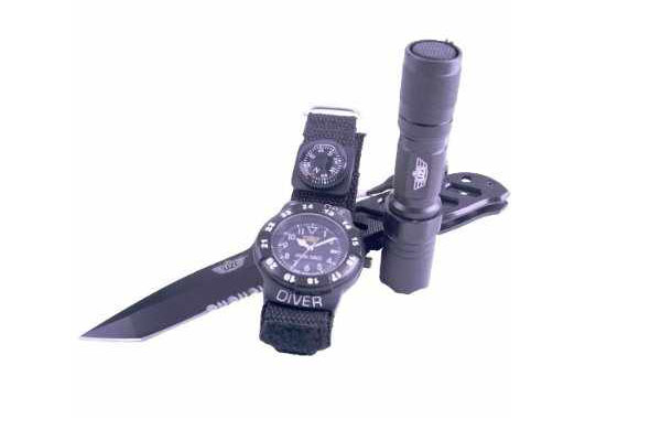 Uzi Special Forces Geschenk Set, Messer, Lampe und Uhr