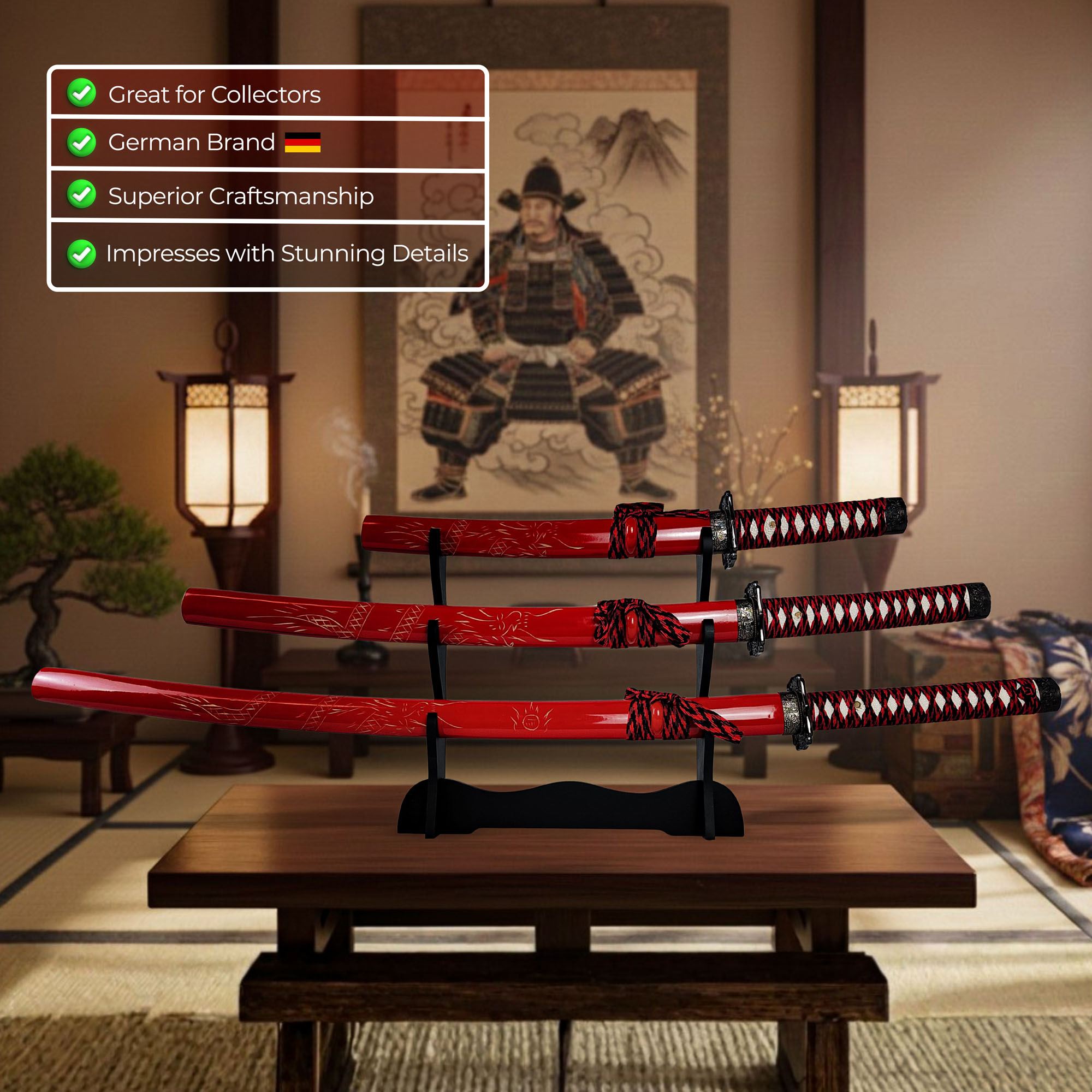 Handorged Samurai Sword Set of 3 with Stand and Care Kit - Red (Katana, Wakizashi and Tanto) 