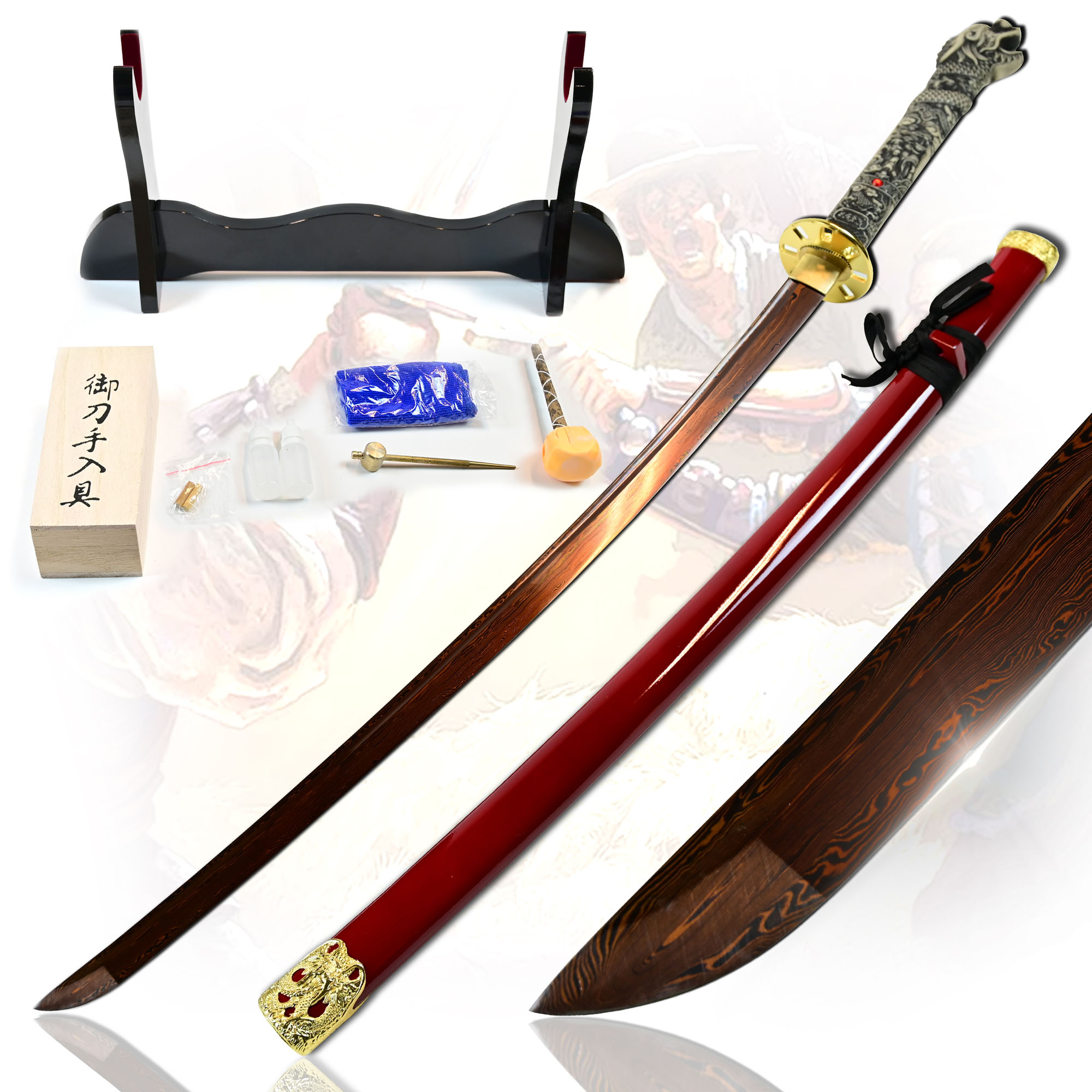 Highlander - Connor MacLeod Katana - handforged & folded, Set - Blood Damascus Edition