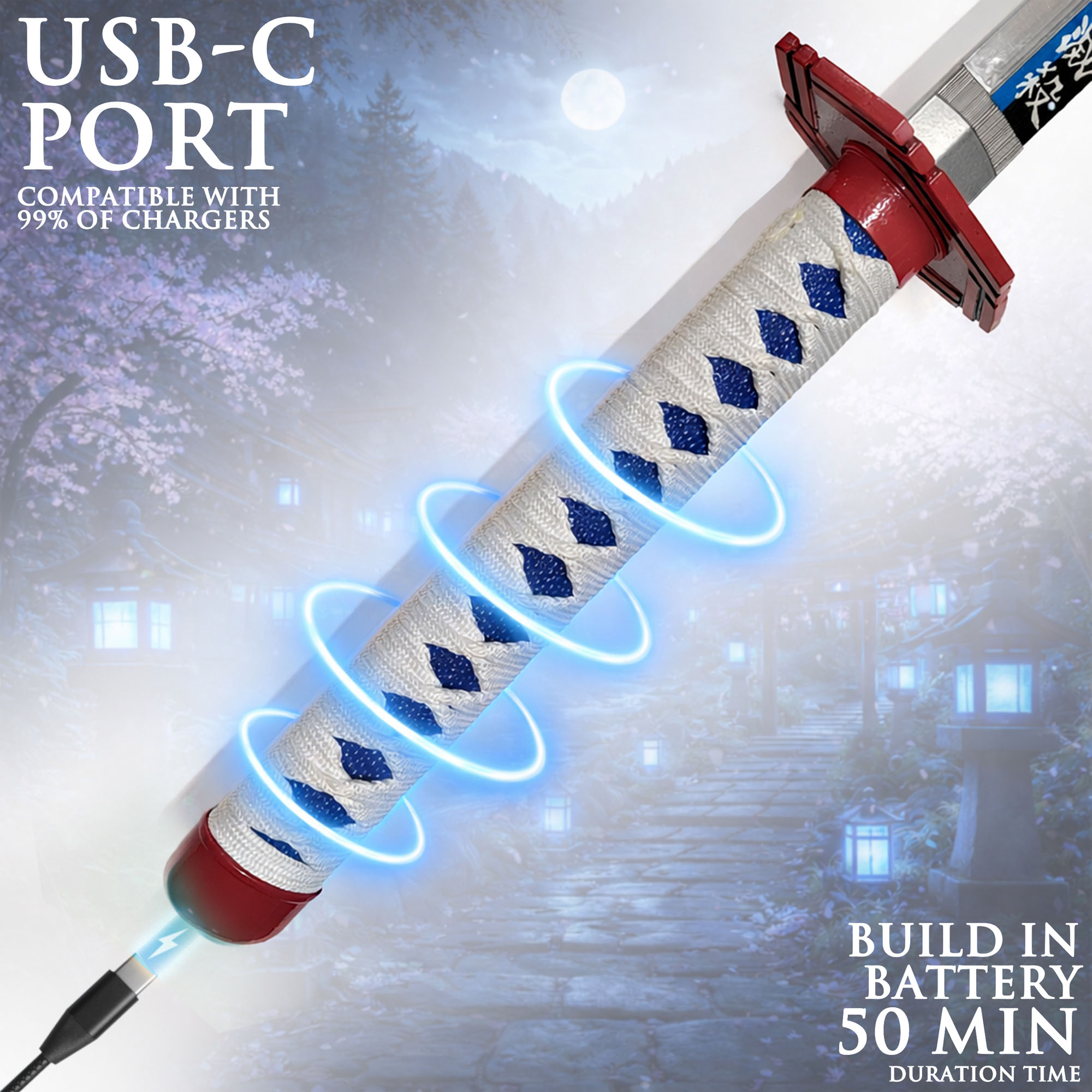 Demon Slayer – Giyuu Tomioka’s Nichirin Katana with Scabbard (Steel Blade with LED-Illuminated Edge)