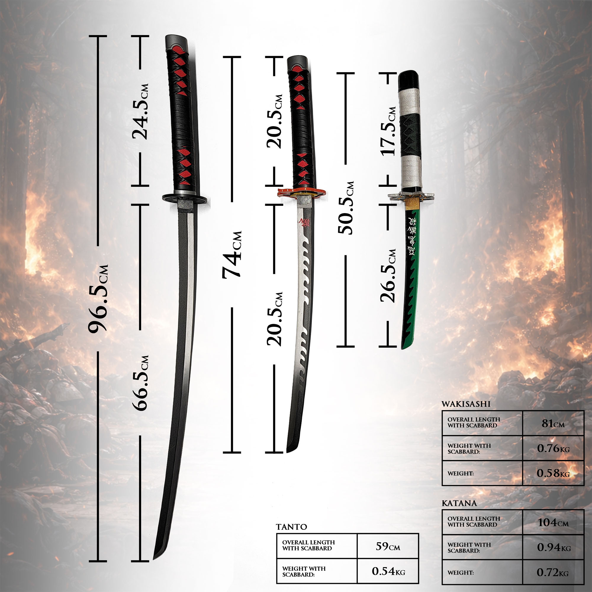 Demon Slayer Schwerter Set mit Ständer - Kamado Tanjirou, Fire Breath & Shinazugawa Sanemi