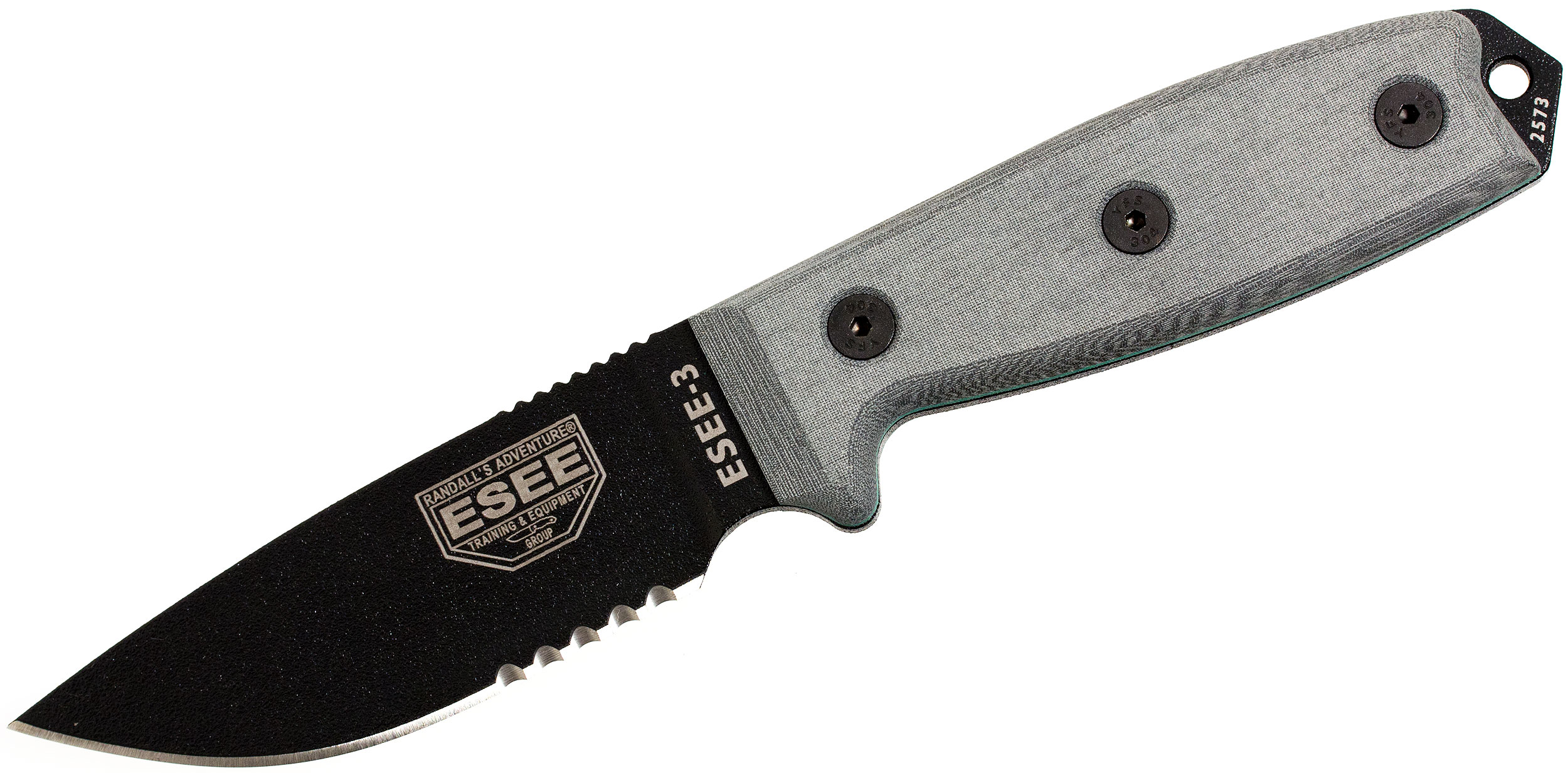 Esee Modell 3, teilgezahnte Schneide mit Scheide, schwarz