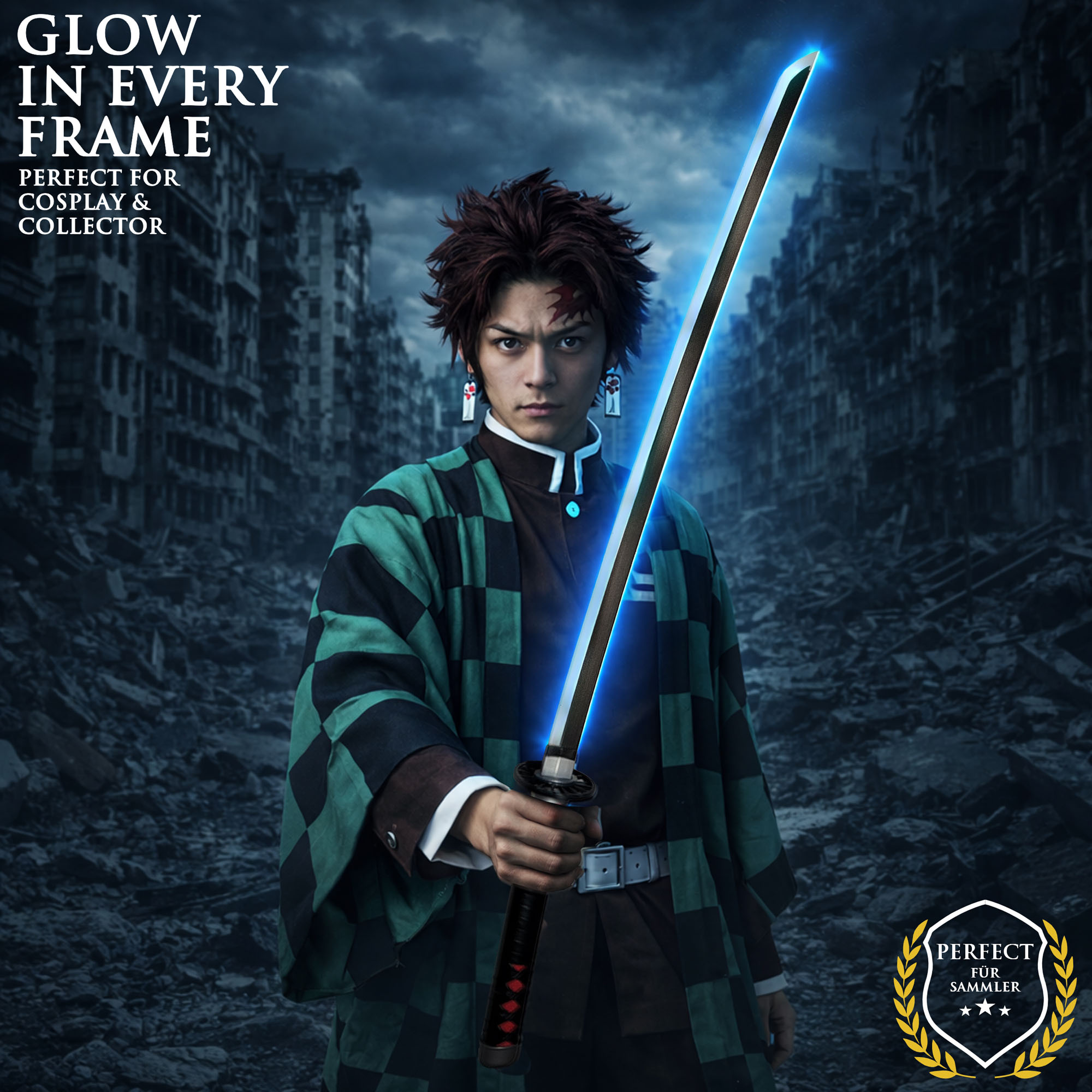 Demon Slayer – Tanjirou Kamados Nichirin-Katana mit Scheide (Stahlklinge mit LED-leuchtender Klingenkante)