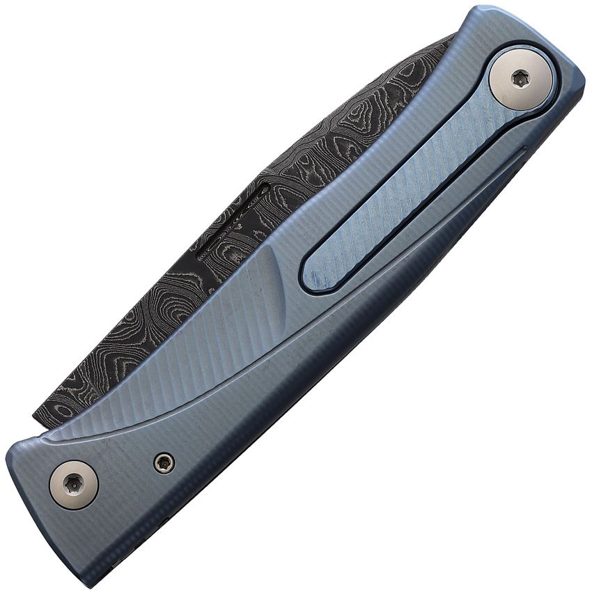 Thrill, Nichols Scrambled Damast-Klinge, blauer Titan-Griff