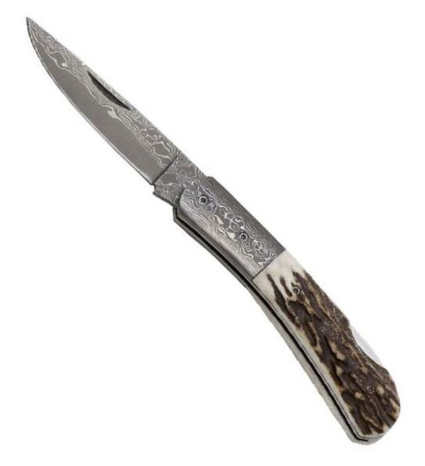 Damascus Pocket Knife with Staghorn Handle