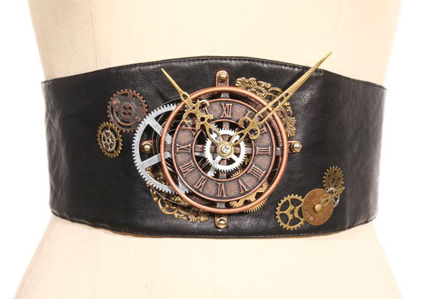 Steampunk belt with clock, black