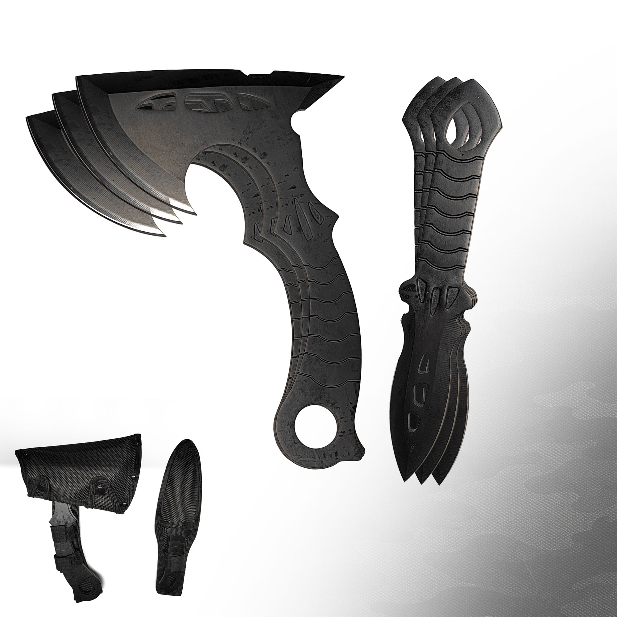 3 throwing knives + 3 throwing axes – throwing set with nylon pouch
