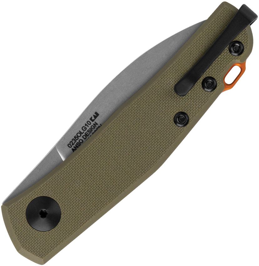 Jens Anso Messer, CPM-20CV Stonewashed Spear Point Klinge, olivfarbener G10-Griff