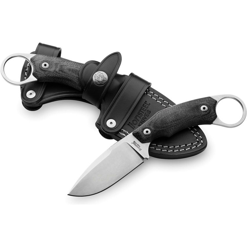 H2, M390 Stonewashed Drop Point Blade, Black G10 Handle, Black Leather Sheath