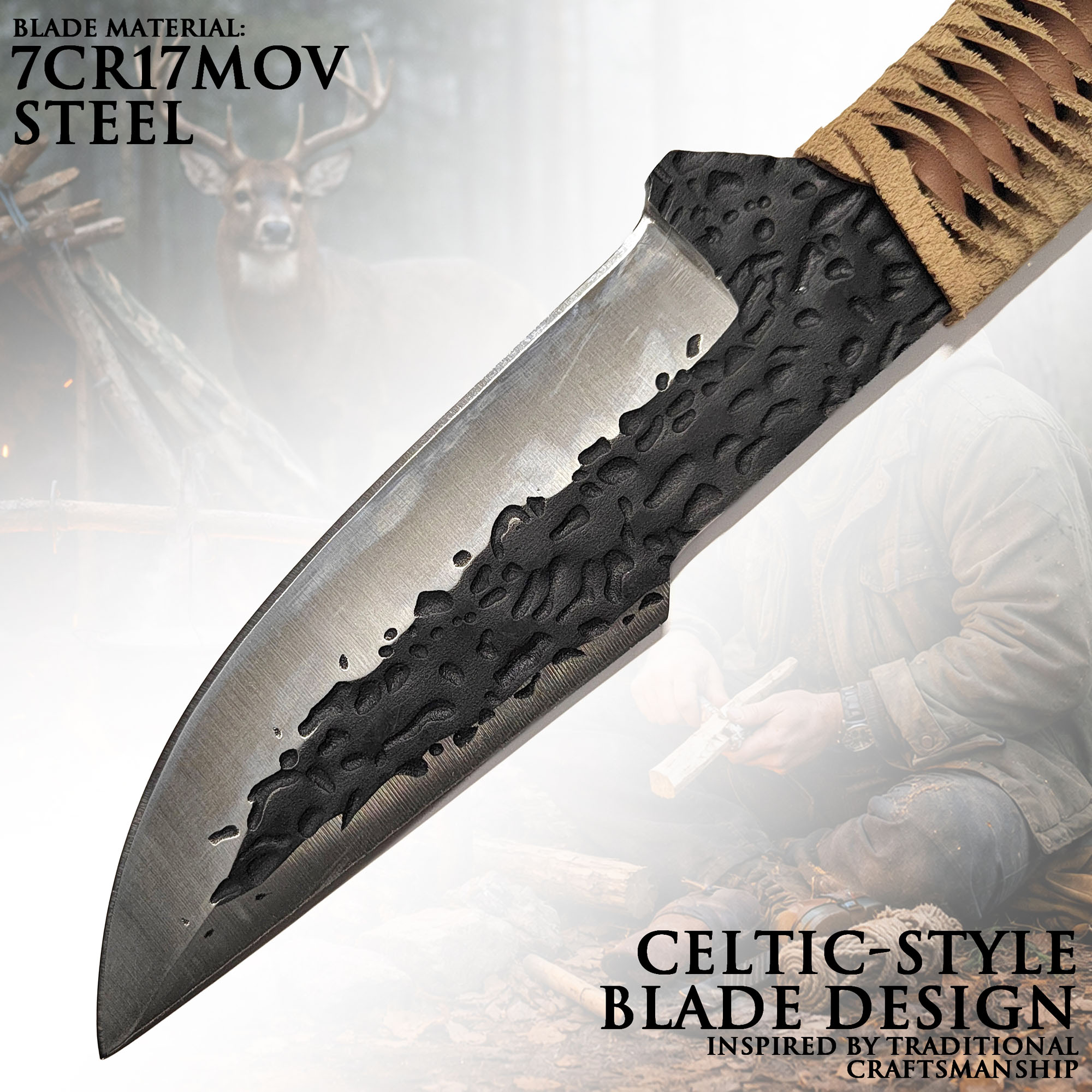 Handgeschmiedetes Jagdmesser im keltischen Stil mit Lederscheide