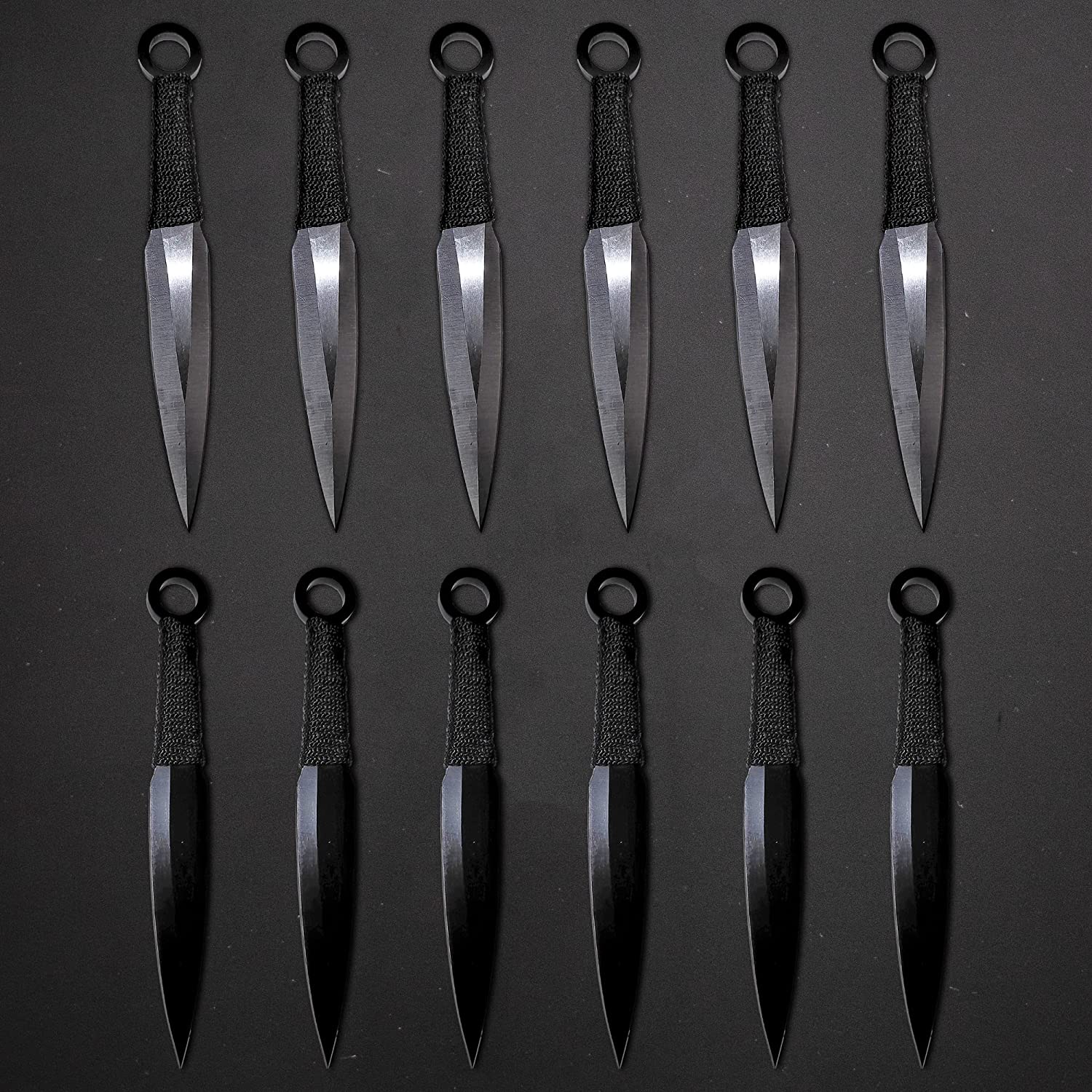 12 black and silver throwing knives with target
