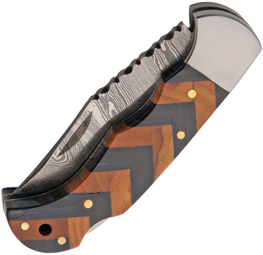 Damast-Taschenmesser mit blau-braunem Edelholzgriff