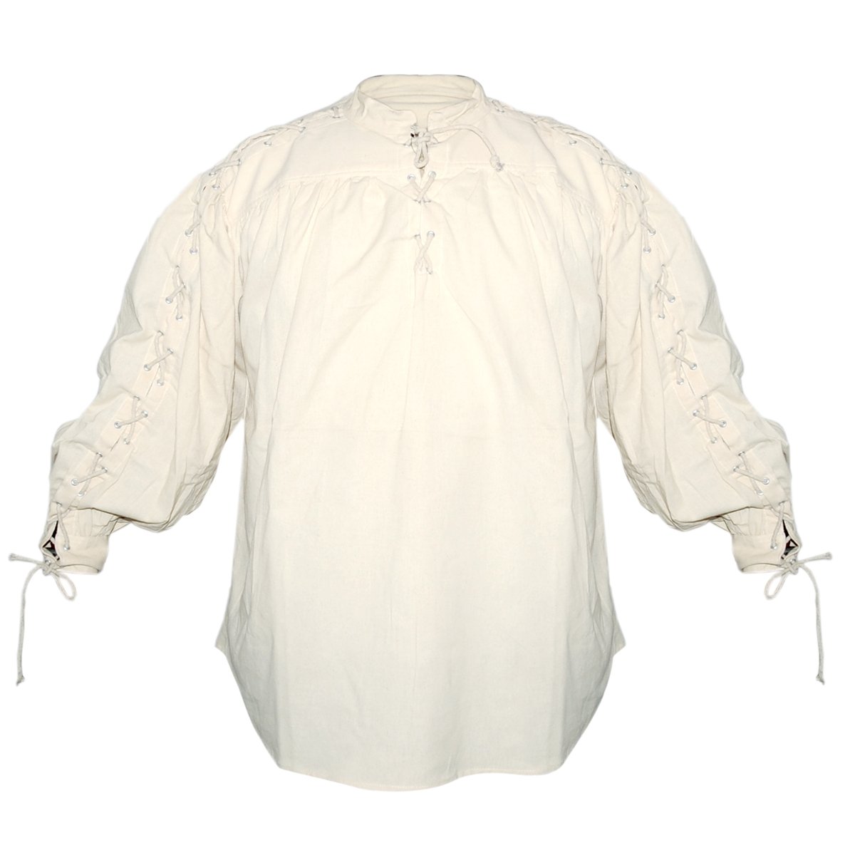Kragenloses Baumwollhemd (geschnürter Hals & Ärmel) – naturfarben, Größe M