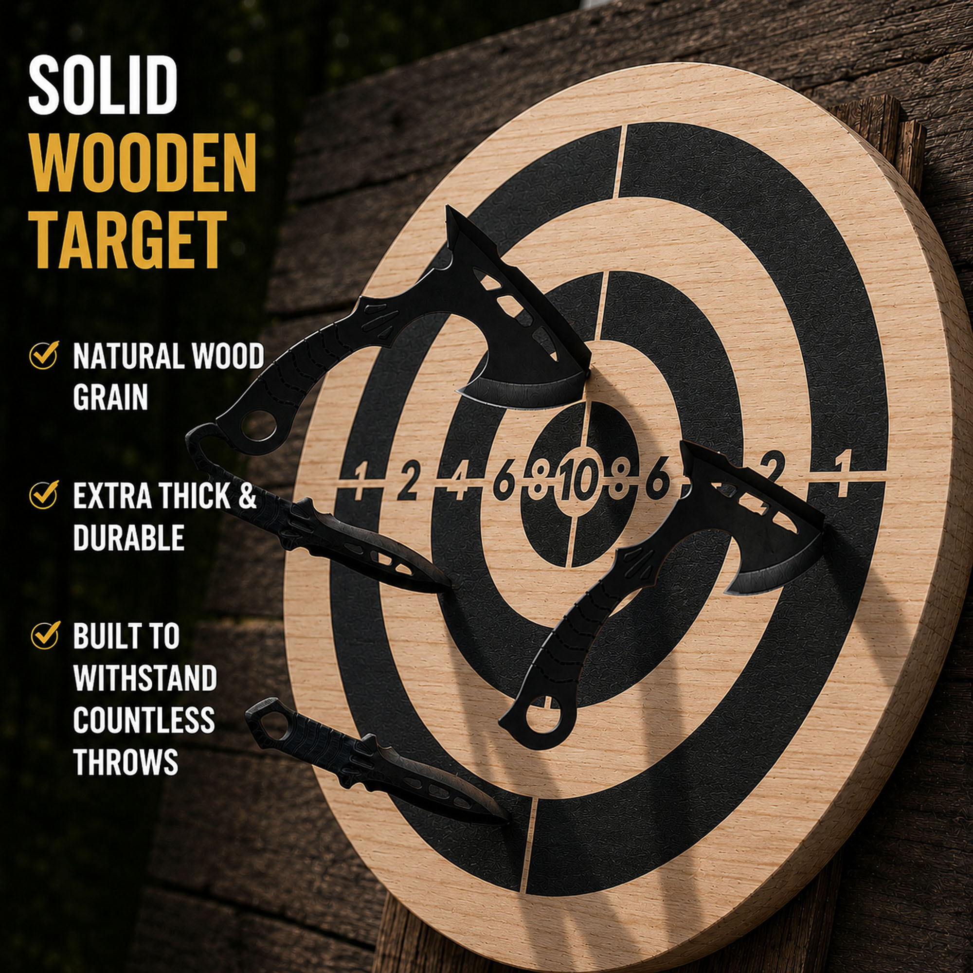 Throwing Set with Wooden Target – 3 Throwing Knives & 3 Throwing Axes