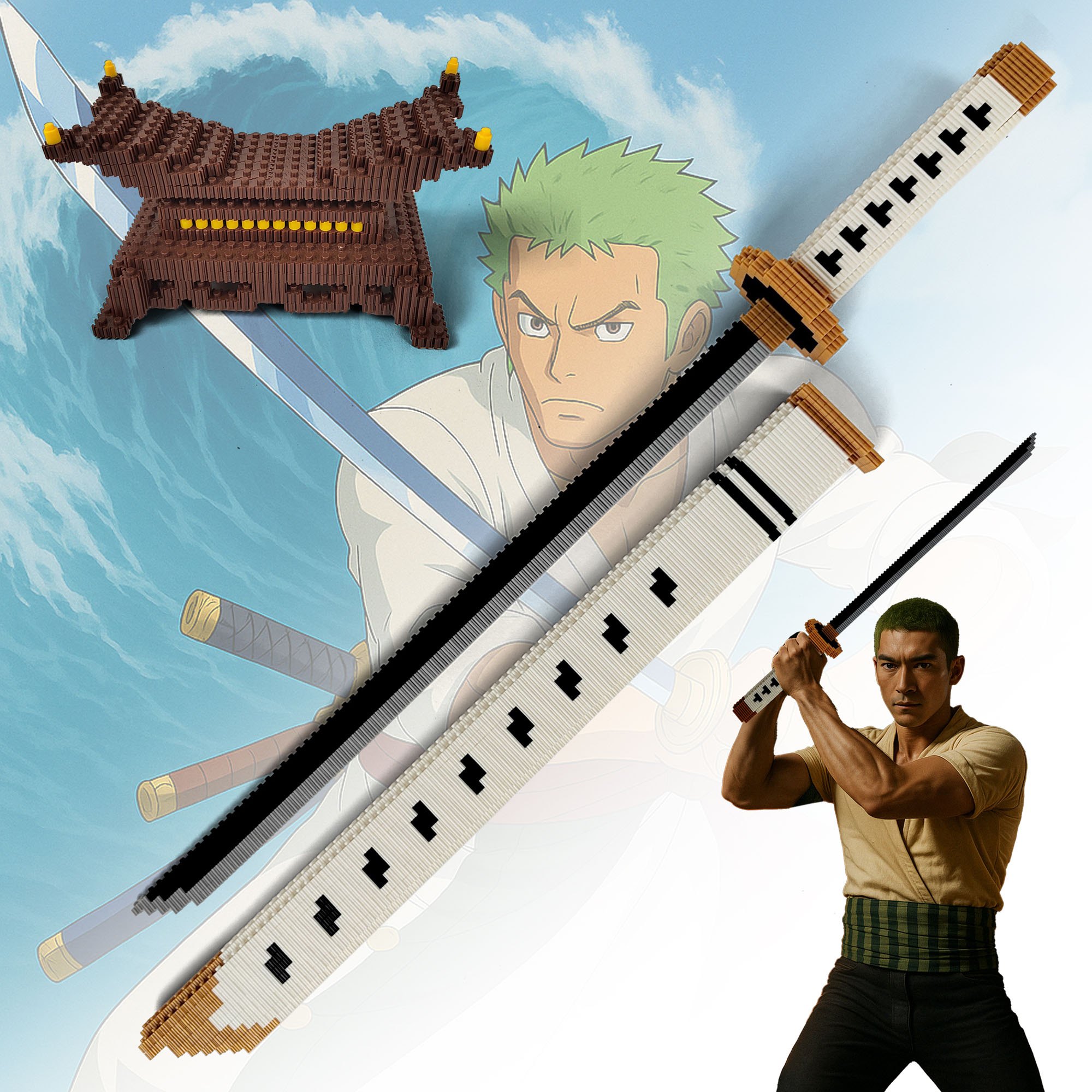 One Piece - Wado-Ichi-Monji Katana mit Scheide und Ständer - Baustein Version