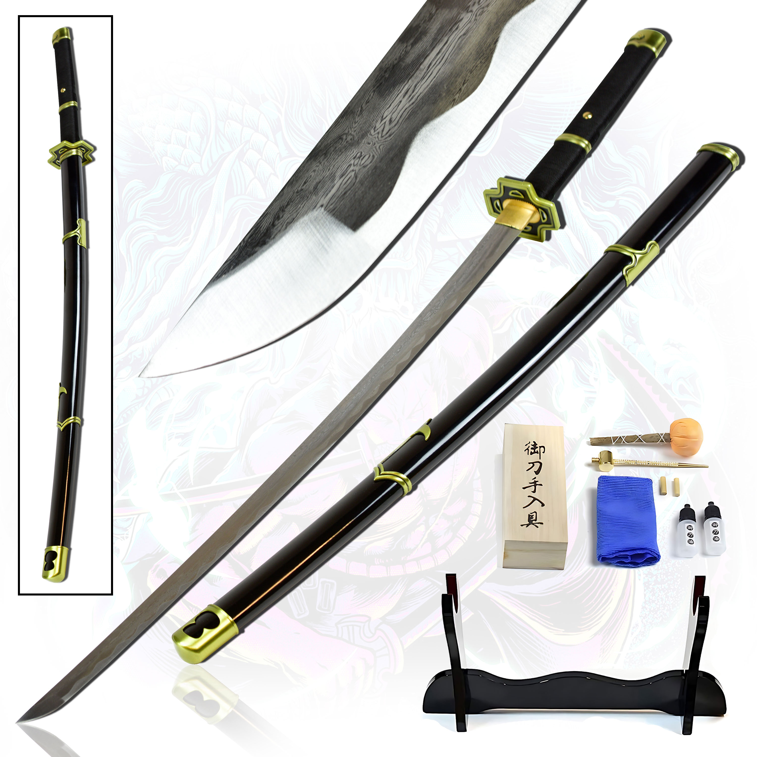 One Piece Roronoa Zoro Yubashiri Sword, black - handforged and folded, Set