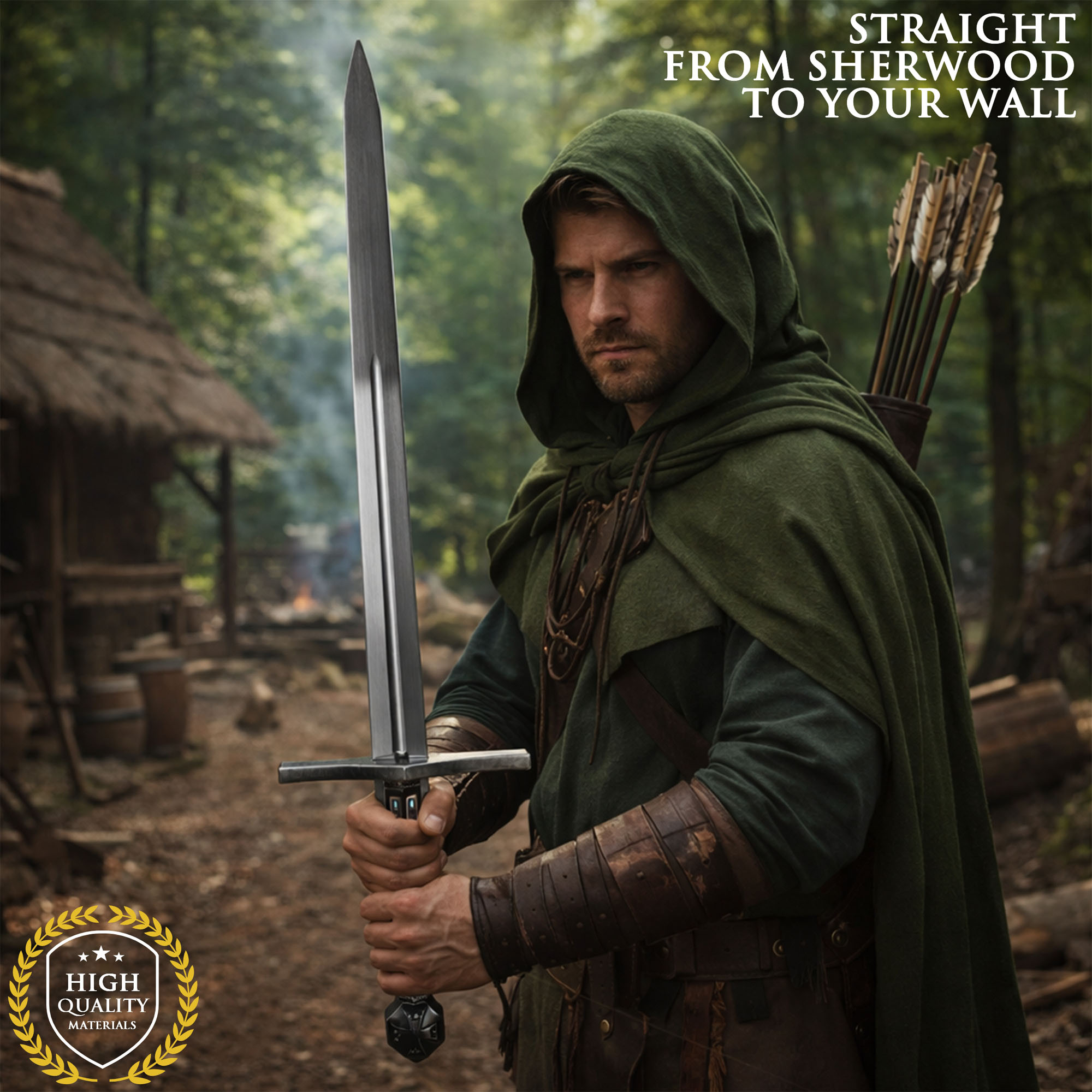 Robin Hood Movie Sword – 45" Steel Replica with Wooden Handle & Wall Stand