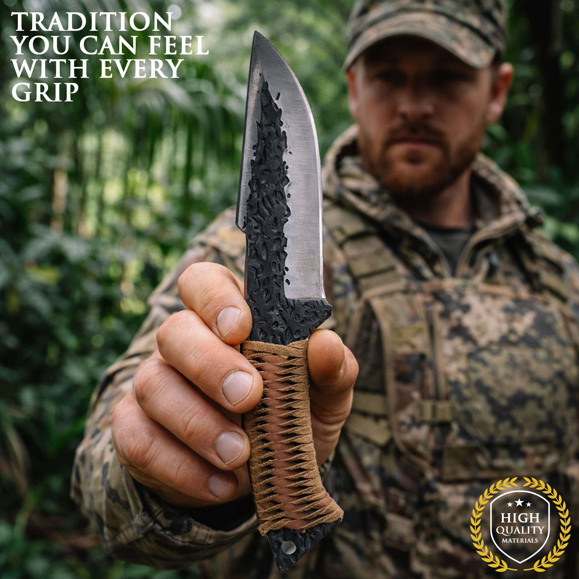 Handgeschmiedetes Jagdmesser im keltischen Stil mit Lederscheide