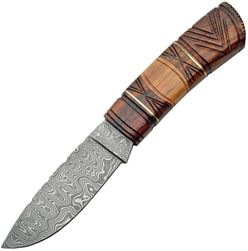 Damascus Knife, Fixed Blade, Carved Wood Handle