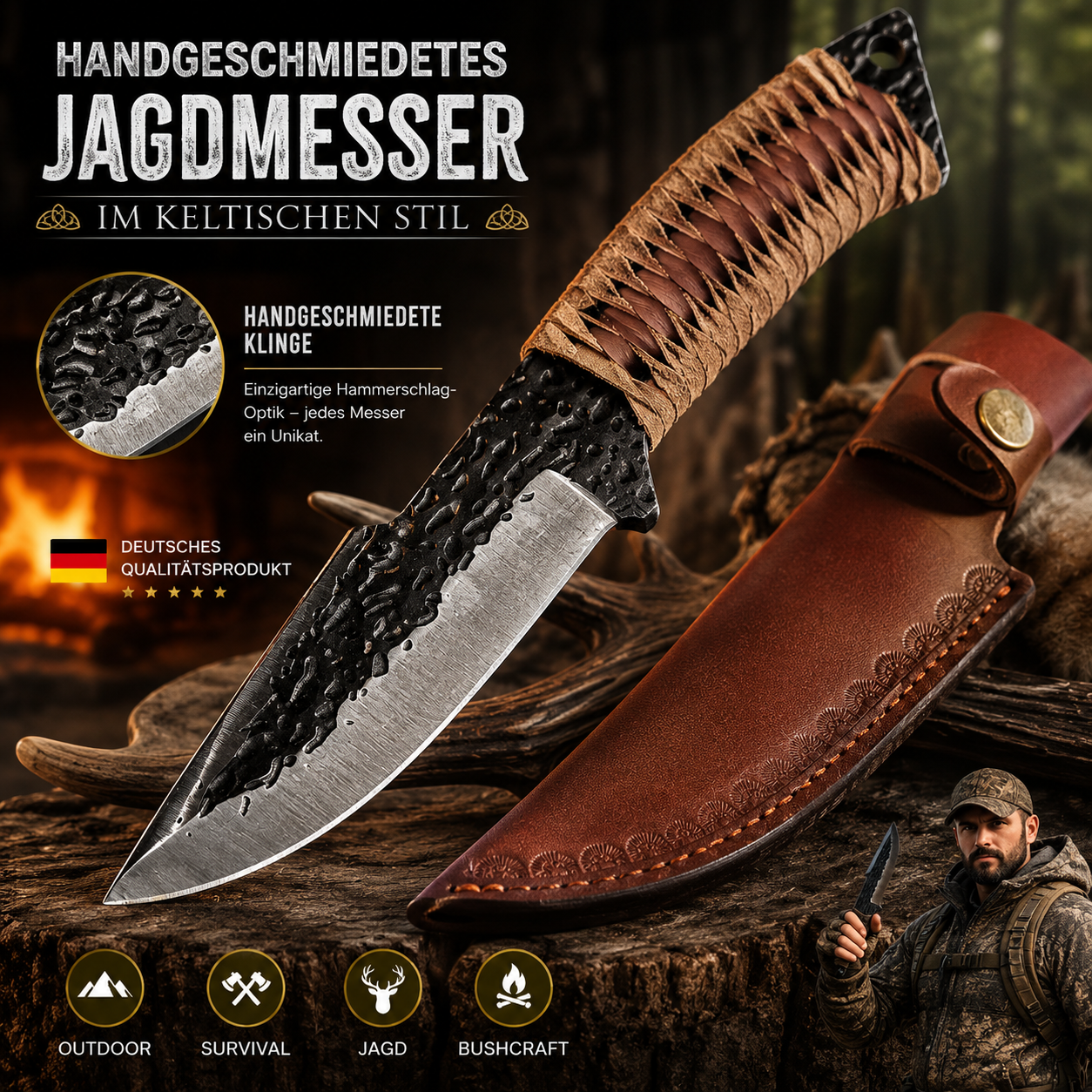 Handforged Celtic-style hunting knife with leather sheath