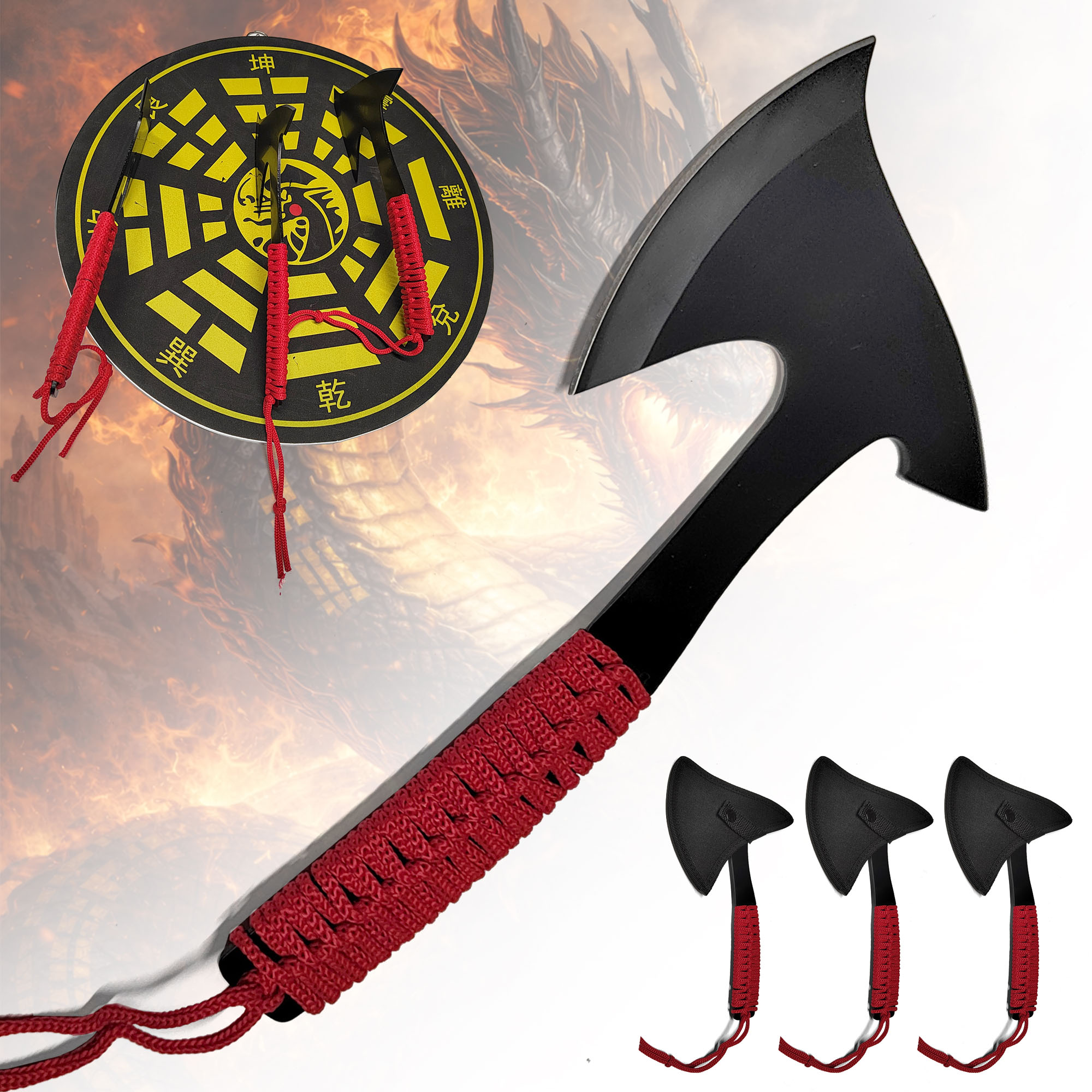 3er Wurfaxt Set mit Cordura-Scheiden und Wurfscheibe