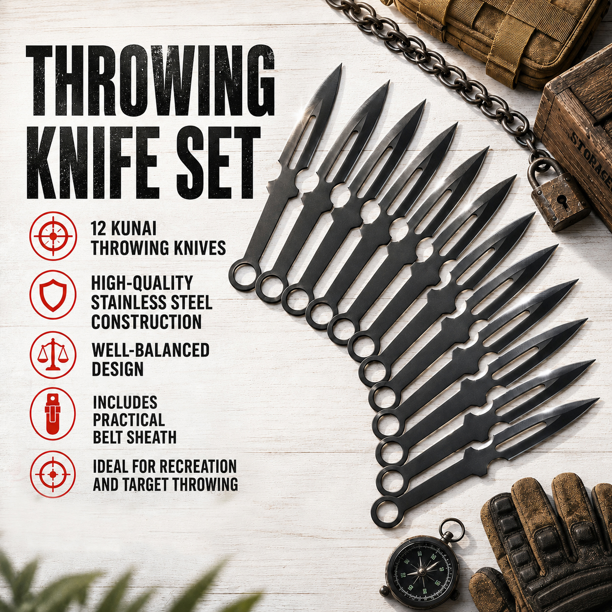 12 Black Throwing Knife with Wooden Target – Set