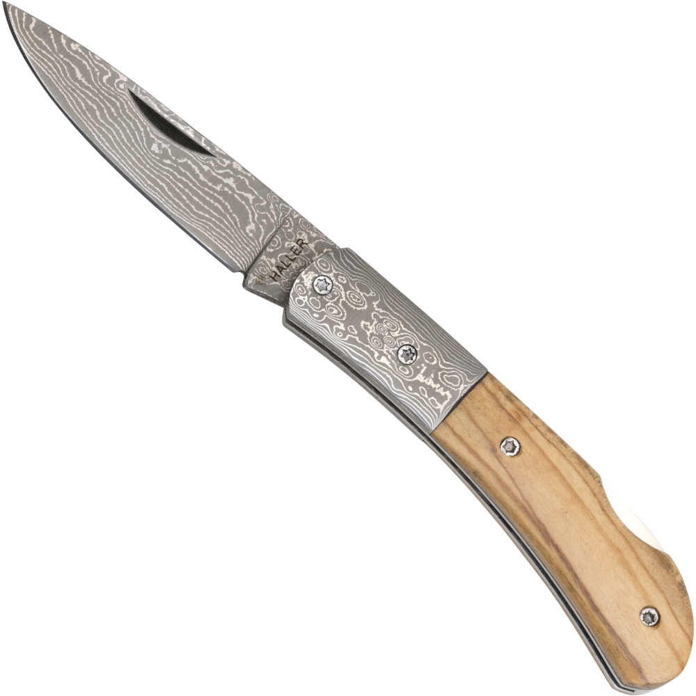 Damascus pocket knife with olive wood handle
