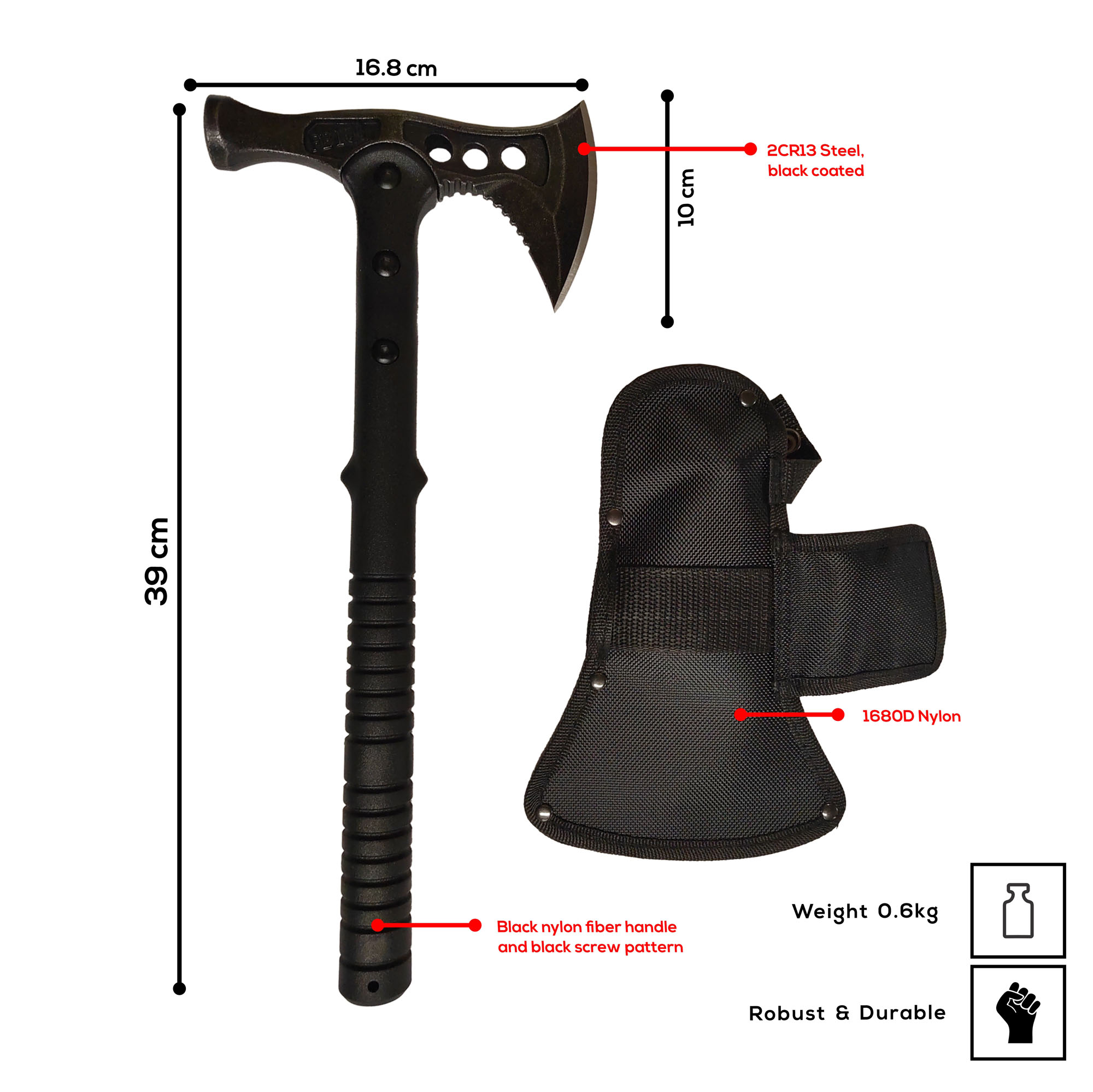 Outdoor axe with hammer head and scabbard