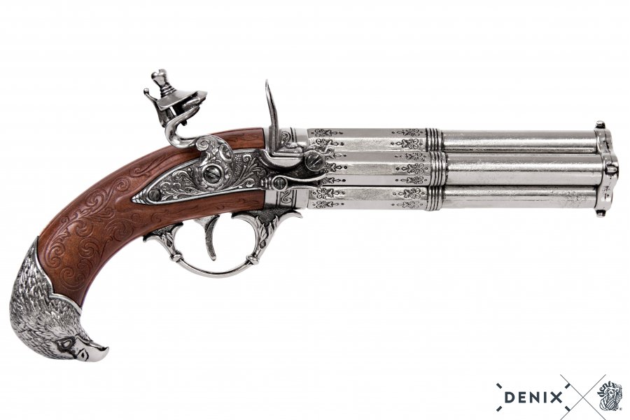 Four-barreled flintlock pistol with eagle head grip, France 18th cent.