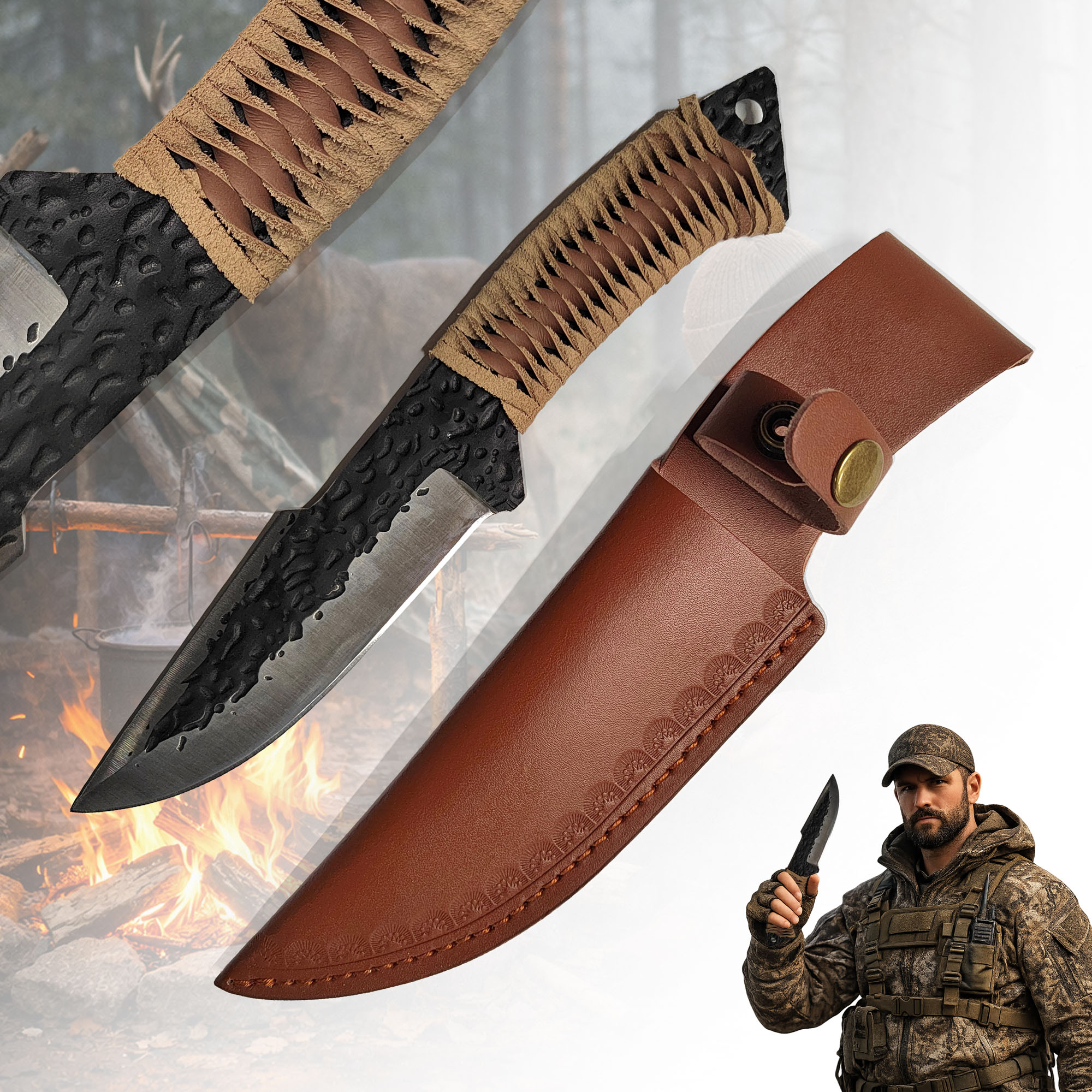 Handgeschmiedetes Jagdmesser im keltischen Stil mit Lederscheide