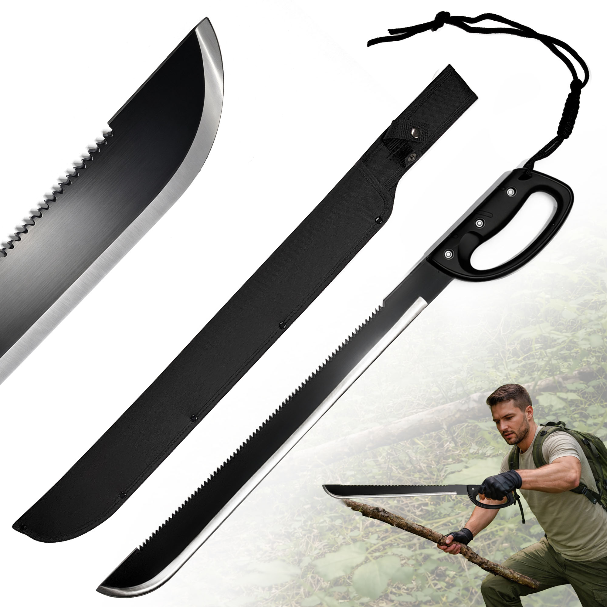 Heavy-Duty Bushcraft Machete with Sawback & Sheath