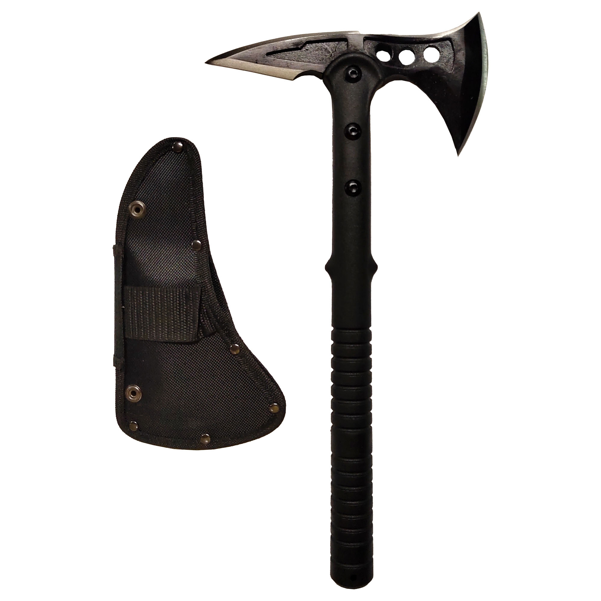 Outdoor axe with spiked head and scabbard