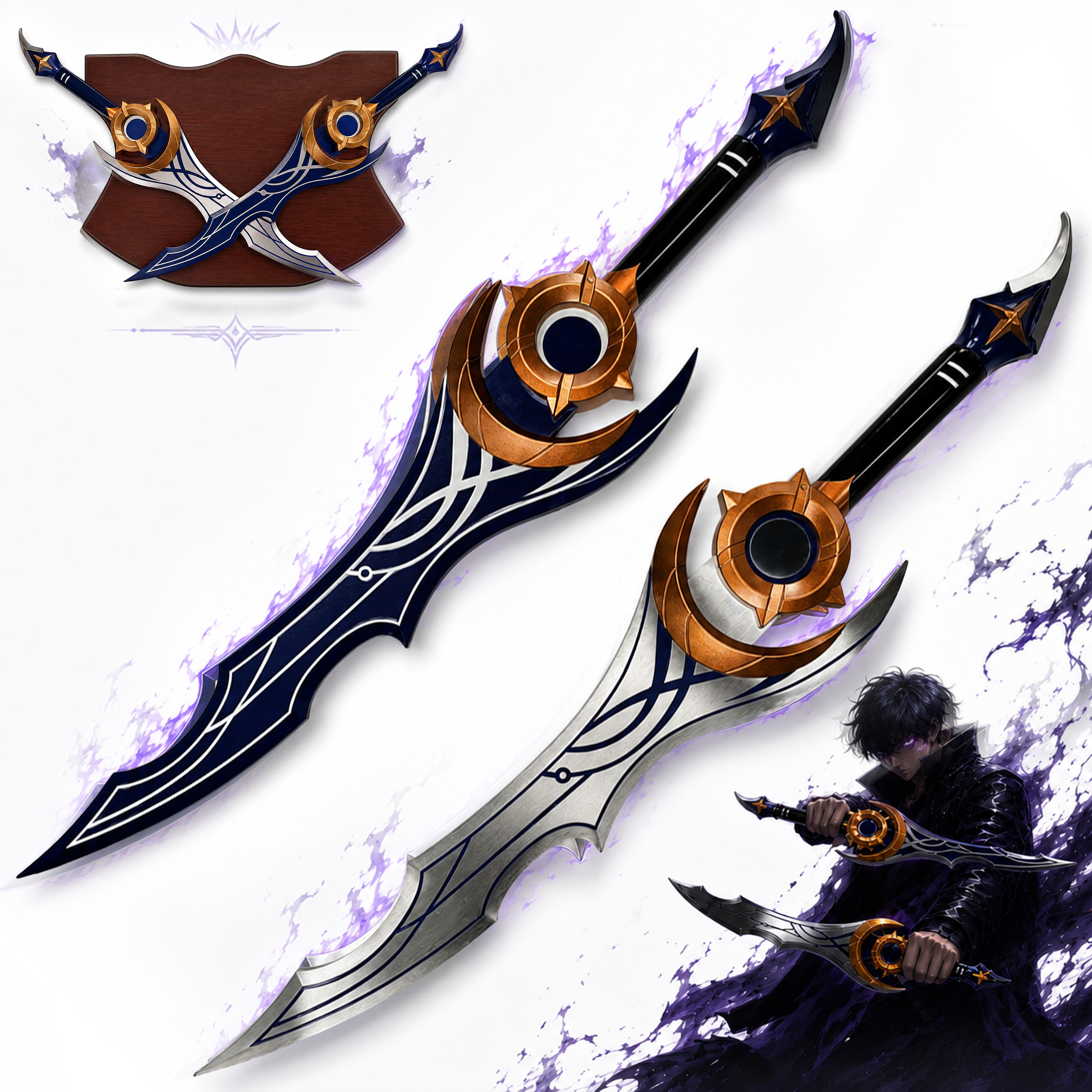 Solo Leveling: Sung Jin-Woo Twin Sword Set (70cm) – Steel Replicas w/ Wall Display